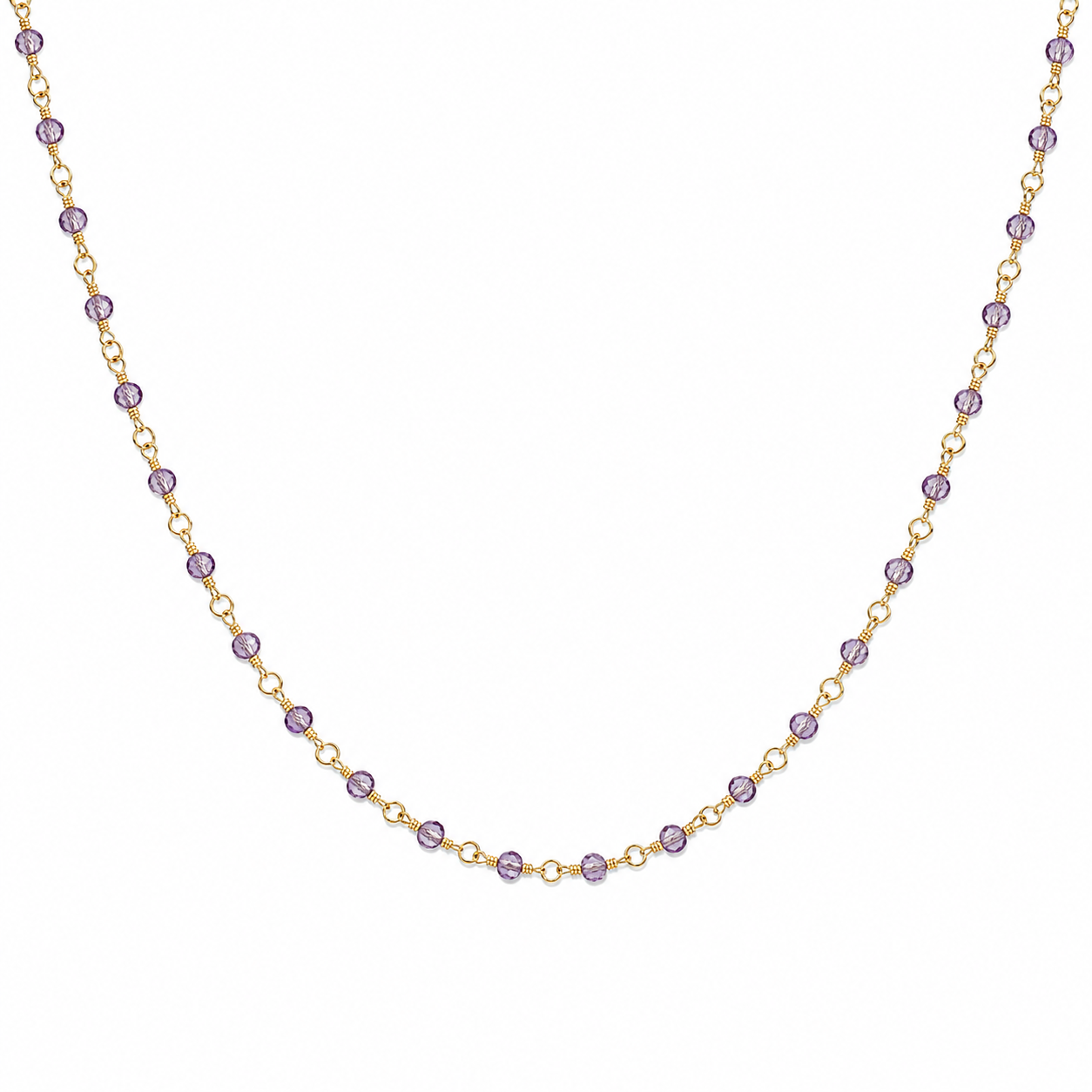 Necklace with purple beads on a gold chain against a white background
