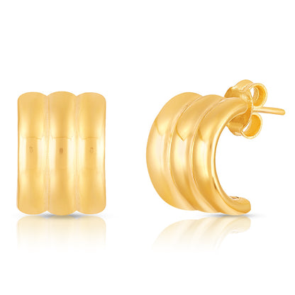 A pair of gold-colored hoop earrings with a textured surface, displayed against a white background.