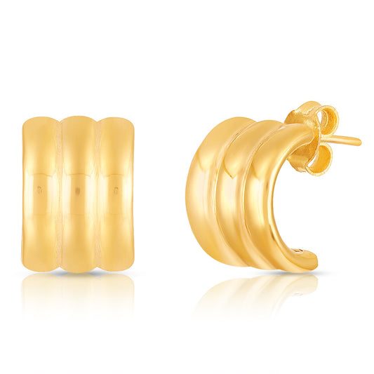 A pair of gold-colored hoop earrings with a textured surface, displayed against a white background.